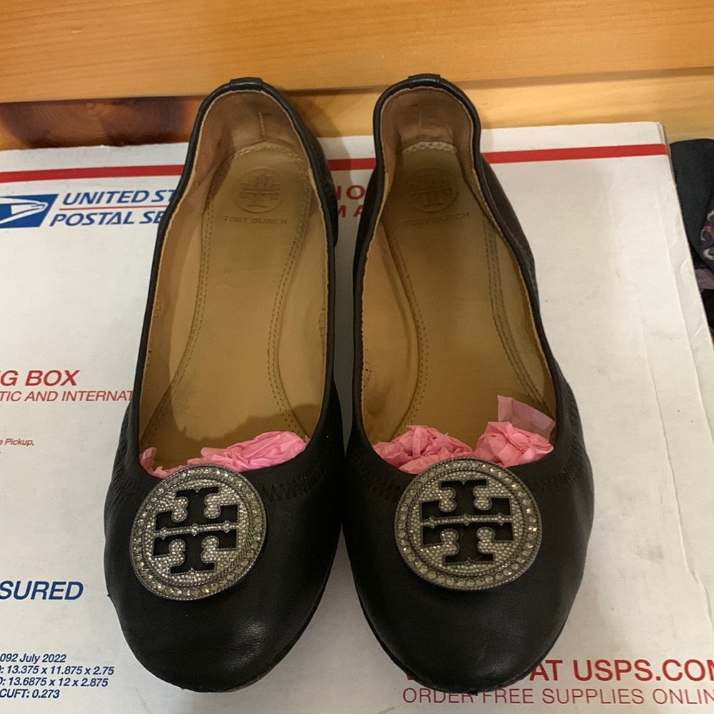 Tory Burch Black Leather Sparkle Logo Flats